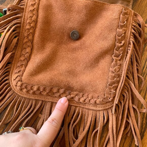ZARA Cognac Brown Suede Leather Fringe Braide Pompom Western Boho Crossbody Bag - Picture 3 of 9